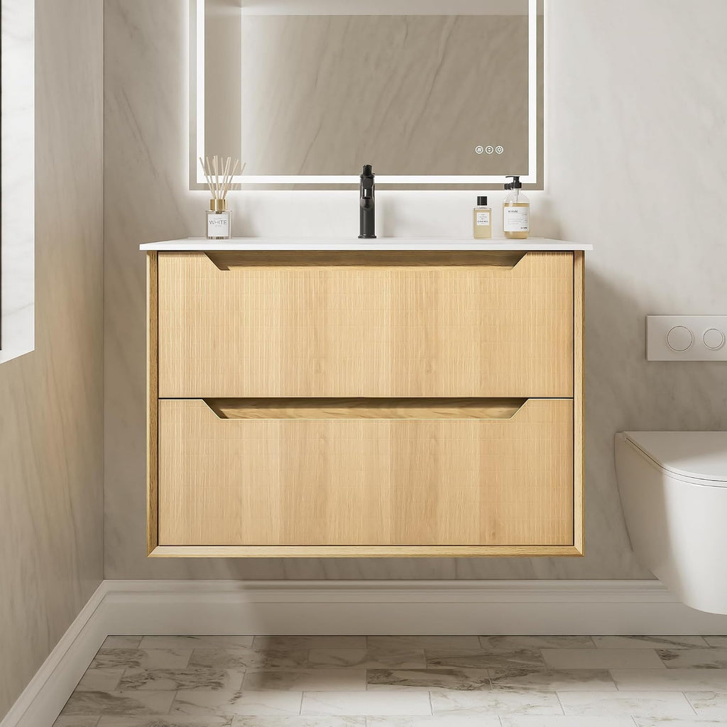 32' Japandi Floating Bathroom Vanity with Sink, Pre-Assembled Natural Oak Multi-Layer Solid Wood Bathroom Sink Vanity, Wall Mounted with Integrated Stone Top and 2 Soft Close Drawers