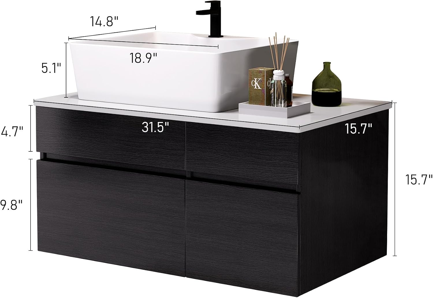 32 inch Bathroom Vanity with Ceramic Sink Modern Floating Bathroom Vanity with 1 Drawers and 2 Storage Cabinets, 32' Wall Mounted Black Bathroom Vanity Cabinet with Sink