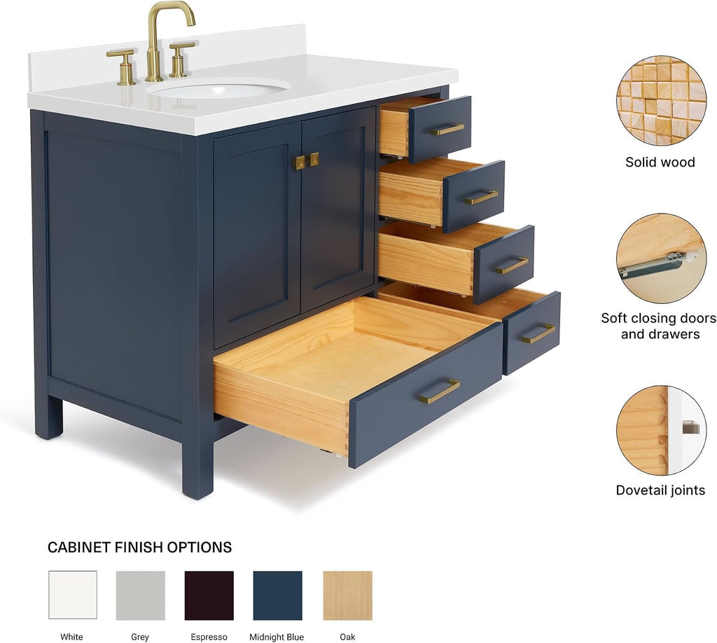 ARIEL Cambridge 42-inch Bathroom Vanity with Sink,Solid Wood, 1.5-inch Pure White Quartz Countertop & Backsplash, Single Oval Porcelain Sink, 2 Soft Closing Doors, 5 Dovetail Drawers, Midnight Blue