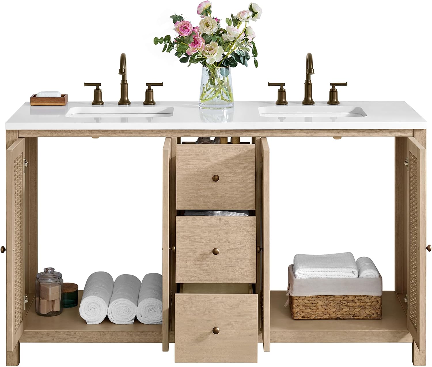 Alaterre Furniture Lucca Bathroom Vanity - Freestanding Cabinet Without Sink - 60 Inch Wood Bathroom Vanity with Soft-Close Doors and Three Drawers - for Double Sink Cabinet (Natural)