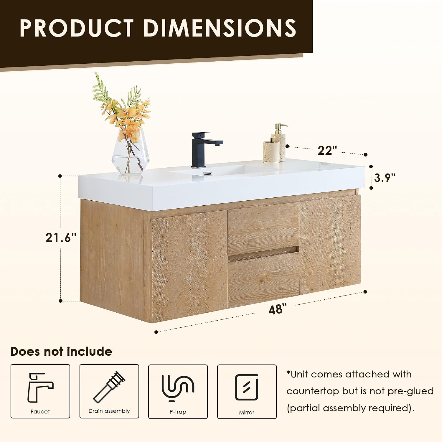 48 Inch Floating Sink Bathroom Vanity Wall Mount Single Vanities Overflow Mordern Large Storge Cabinet with Ceramic Countertop Double Soft Closing Drawers Pre-Assembled
