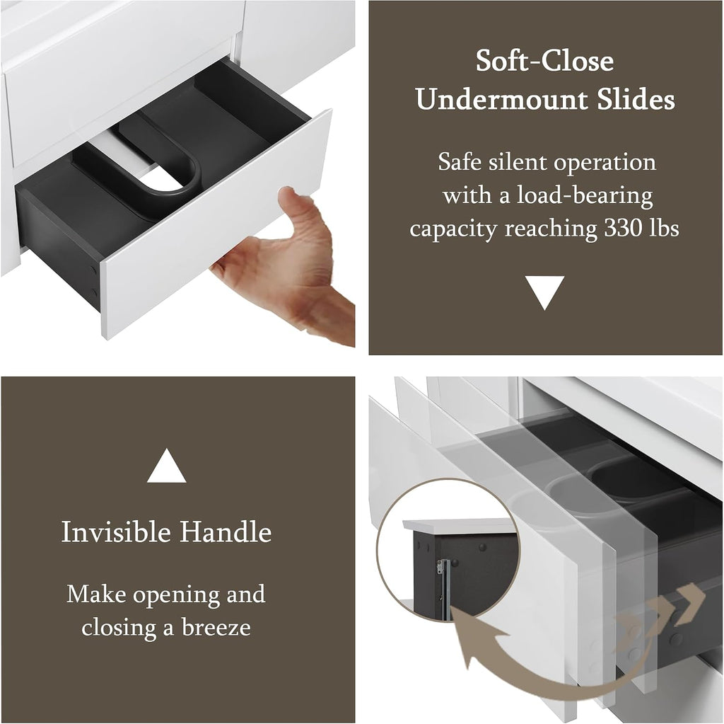 GDFStudio 48' Floating Bathroom Vanity with Sink, Wall-Mounted Vanity Cabinet with Solid Surface Countertop, Integrated Basin, Soft Close Drawers, Modern Space-Saving Design, Glossy White