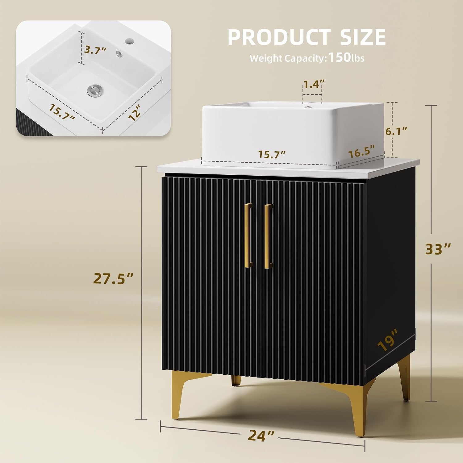 YITAHOME 24 Inch Bathroom Vanity with Vacuum Forming, Freestanding Storage Cabinet Vanity with Engineered White Stone Countertop, 2 Large Soft Closing Doors with Shelf, Gold Handles & Legs, Black
