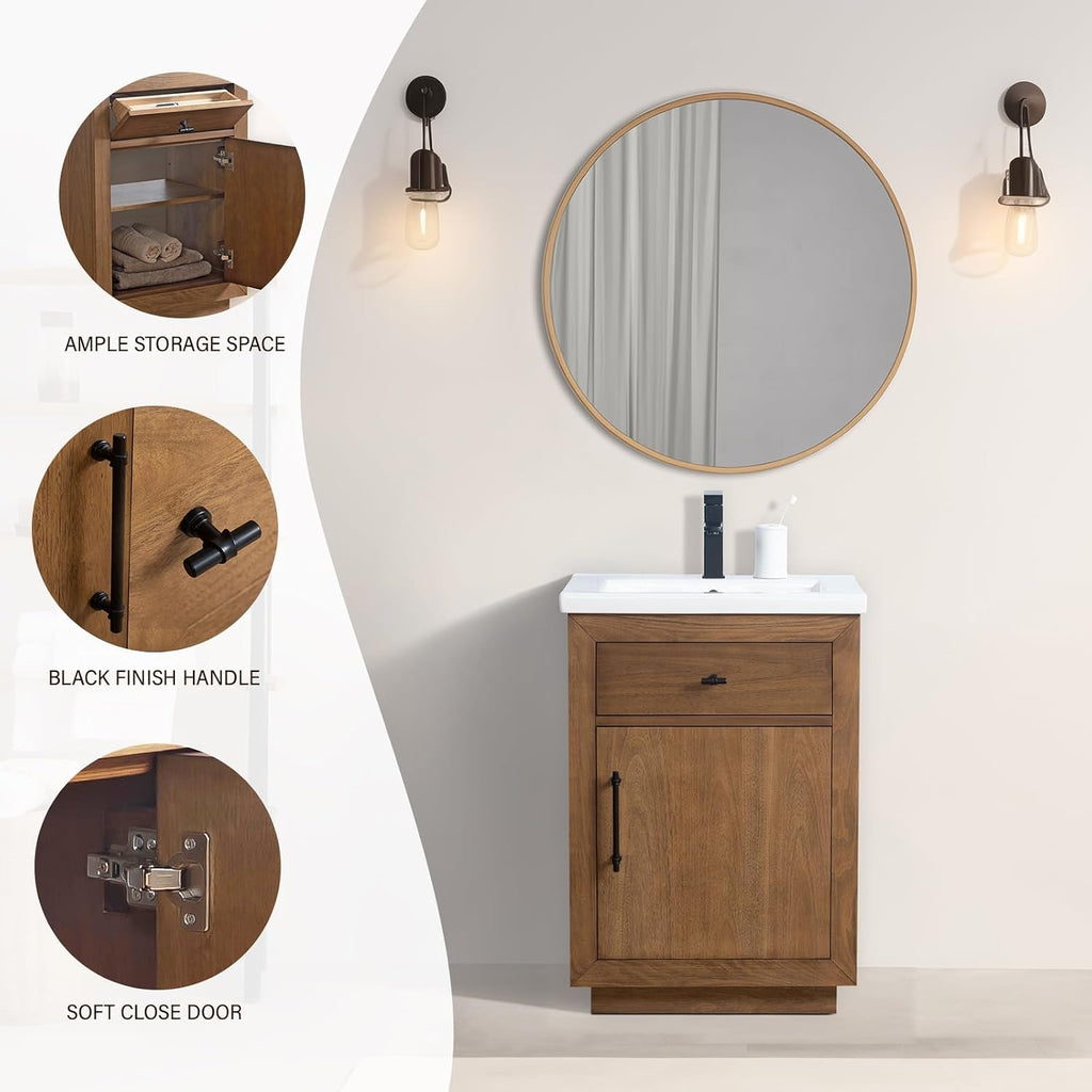 HOMEBEYOND 24' Bathroom Vanity with Single Sink & Ceramic Top, MDF Material Vanity Cabinet with Basin Combo, Soft-Closing Doors, Removable Shelf, Backsplash,Tan