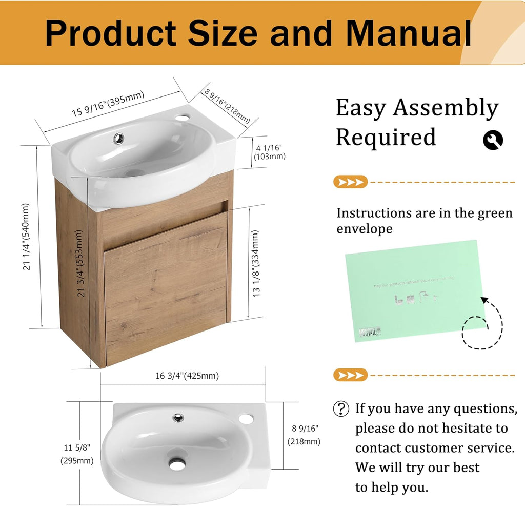 Malwee 16 Inch Floating Bathroom Vanity with Sink, 16'' Wall Mounted Single Sink Bathroom Vanity Combo, Modern Brown Cabinet Set with 1 Soft Close Door and Ceramics Basin Top,MAF02916-IMOX