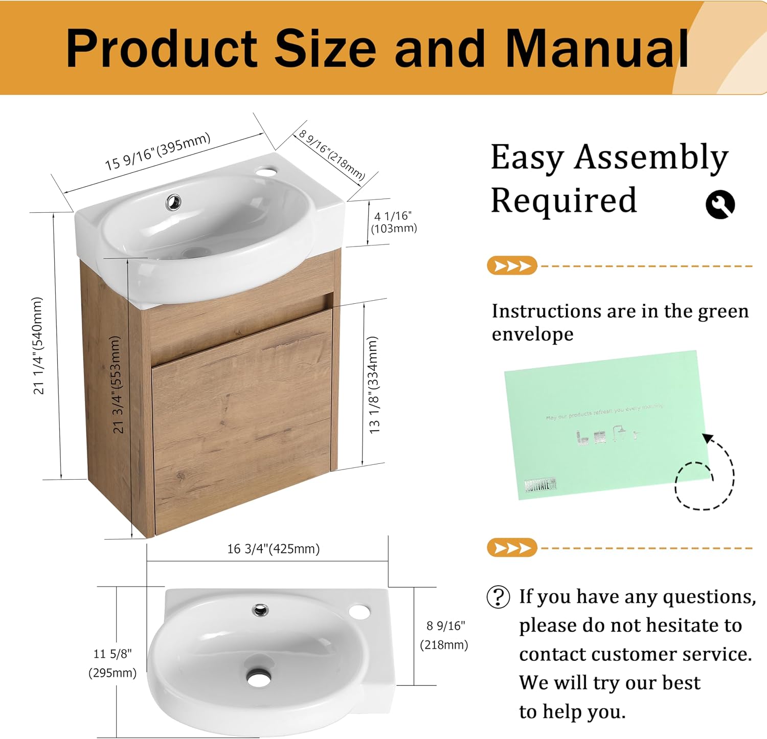 Malwee 16 Inch Floating Bathroom Vanity with Sink, 16'' Wall Mounted Single Sink Bathroom Vanity Combo, Modern Brown Cabinet Set with 1 Soft Close Door and Ceramics Basin Top,MAF02916-IMOX