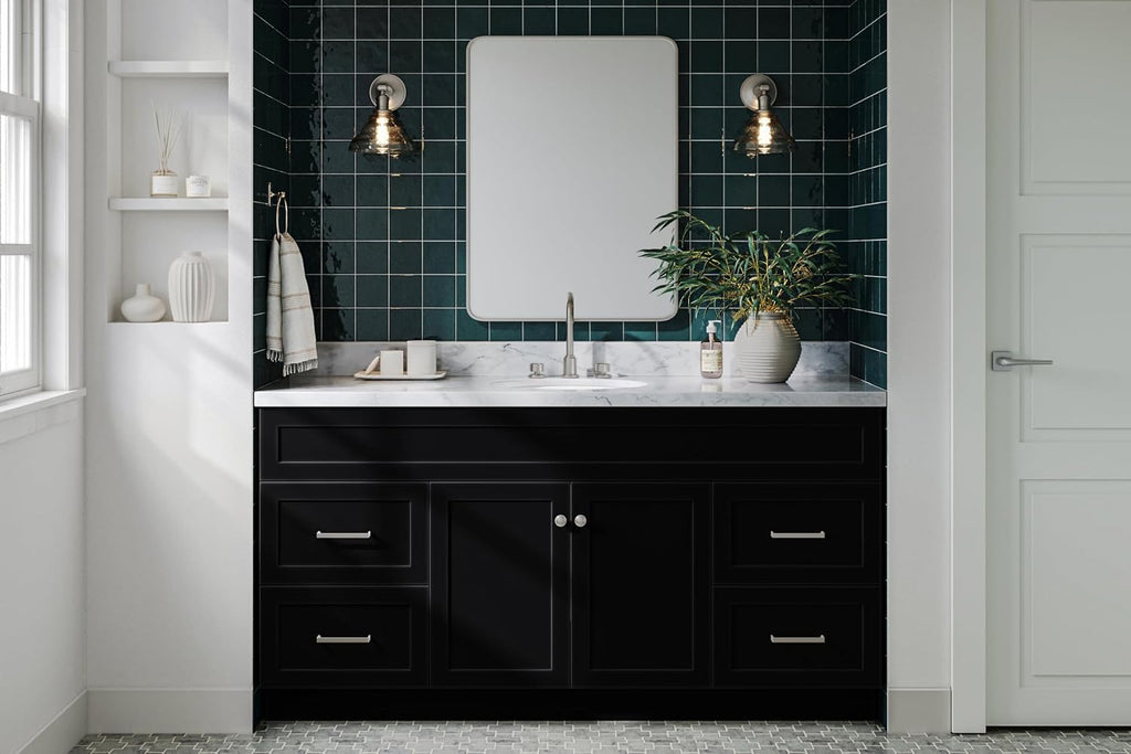 ARIEL Hamlet 66-inch Bathroom Vanity with Sink,Solid Wood, 1.5-inch Italian Carrara Marble Countertop & Backsplash, Single Oval Porcelain Sink, 2 Soft Closing Doors, 4 Dovetail Drawers, Black