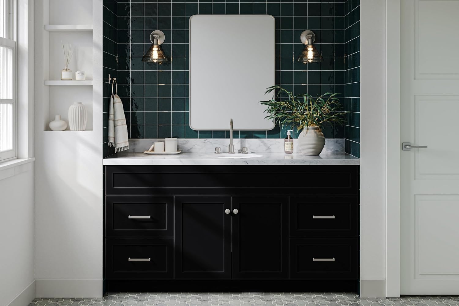 ARIEL Hamlet 66-inch Bathroom Vanity with Sink,Solid Wood, 1.5-inch Italian Carrara Marble Countertop & Backsplash, Single Oval Porcelain Sink, 2 Soft Closing Doors, 4 Dovetail Drawers, Black