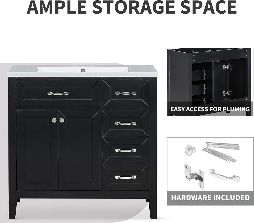 36' Bathroom Vanities Cabinet with Ceramic Sink Top, Two Doors and Three Drawers, Soft-Closing Door, Solid Wood Legs, Black