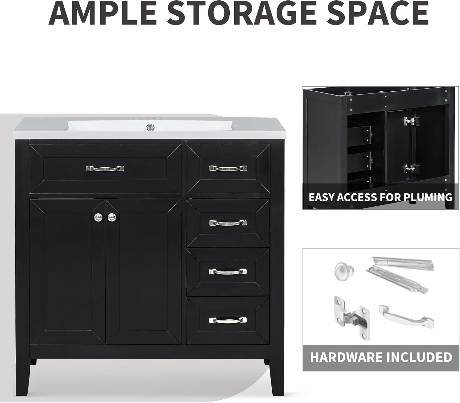 36' Bathroom Vanities Cabinet with Ceramic Sink Top, Two Doors and Three Drawers, Soft-Closing Door, Solid Wood Legs, Black