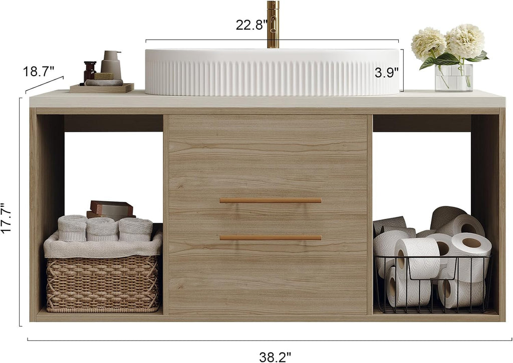 40' Bathroom Vanity with Sink Set, Modern Oak Wall Mounted Bathroom Vanity Cabinet with Above Oval Ceramic Sink,Gold Handle 2 Drawers & 2 Open Storage, Single Sink Floating Bathroom Vanity