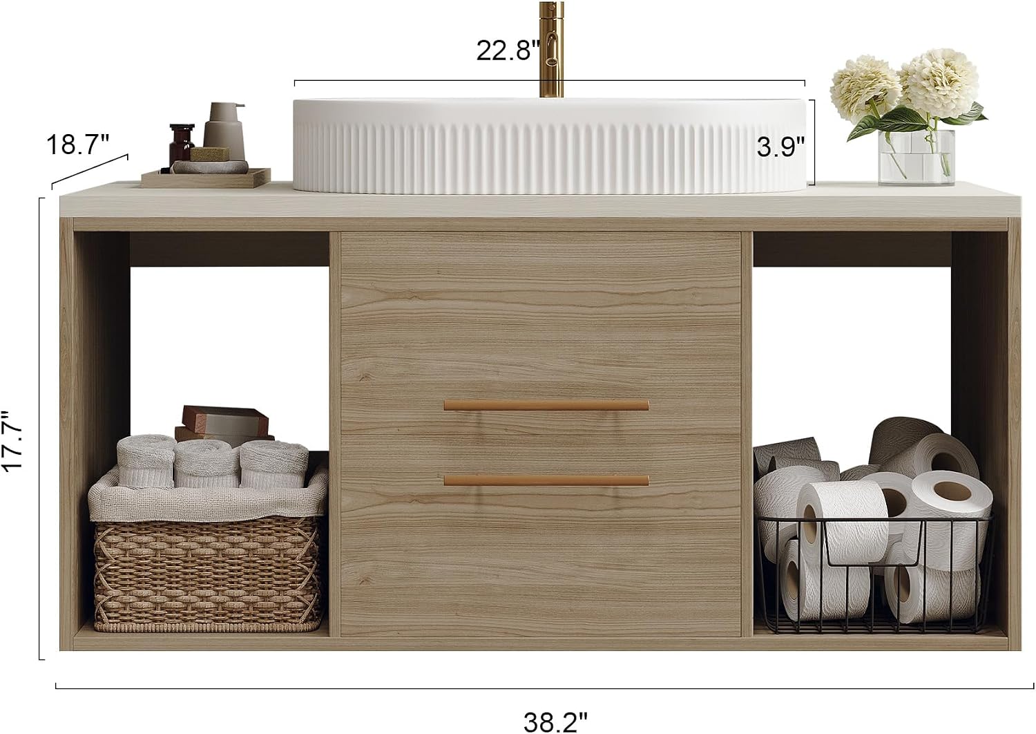 40' Bathroom Vanity with Sink Set, Modern Oak Wall Mounted Bathroom Vanity Cabinet with Above Oval Ceramic Sink,Gold Handle 2 Drawers & 2 Open Storage, Single Sink Floating Bathroom Vanity