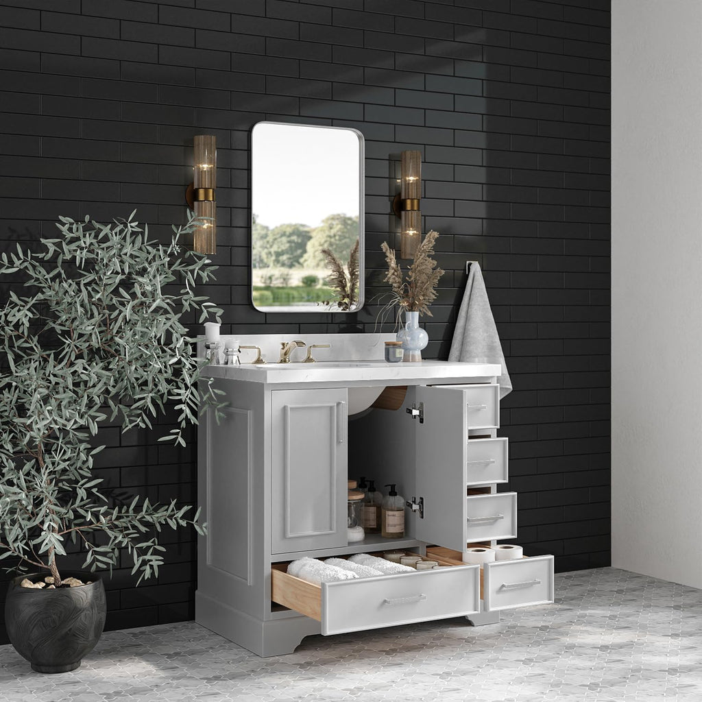 ARIEL Stafford 36-inch Bathroom Vanity with Sink,Solid Wood, 1.5-inch Carrara White Quartz Countertop & Backsplash, Single Oval Porcelain Sink, 2 Soft Closing Doors, 5 Dovetail Drawers, Grey
