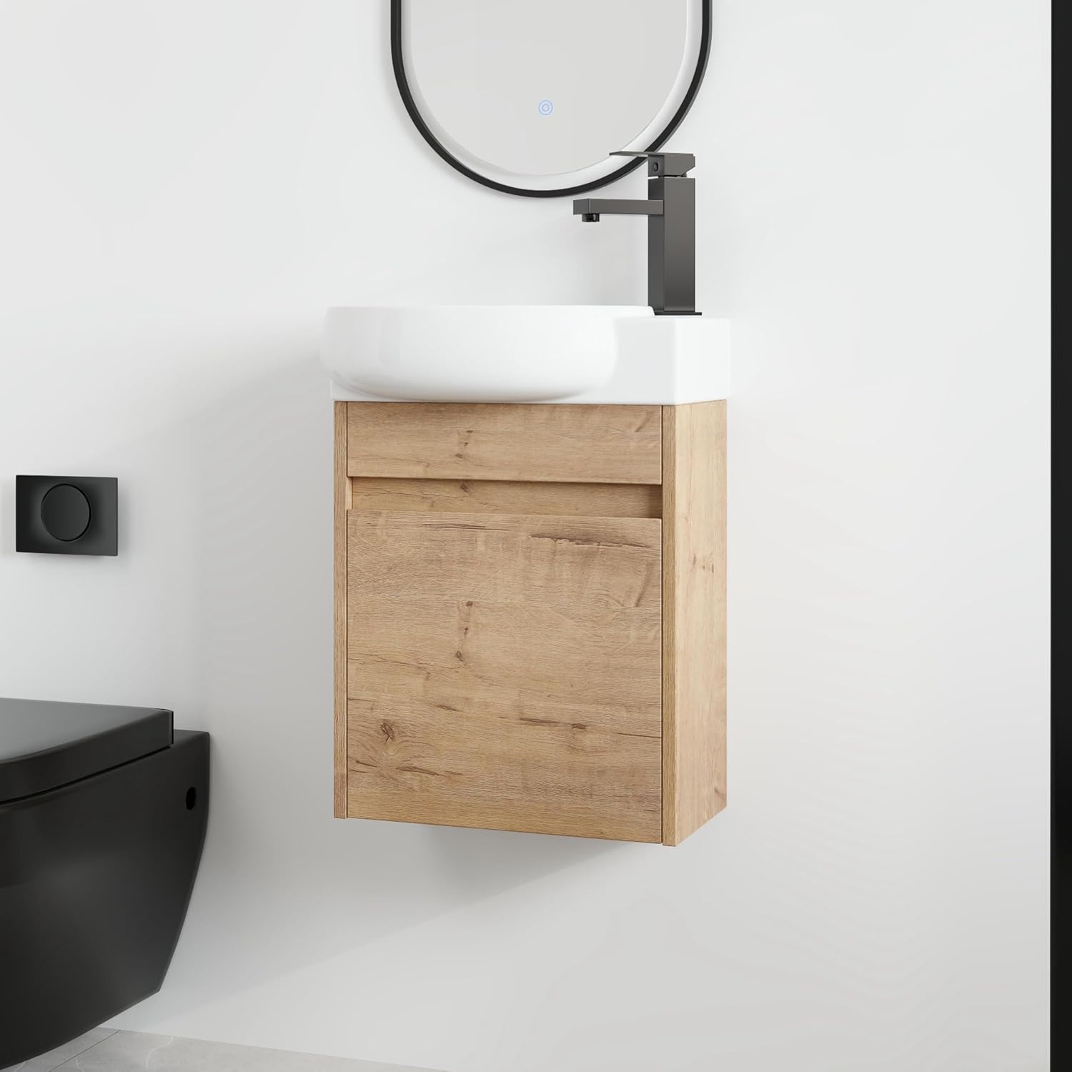 Malwee 16 Inch Floating Bathroom Vanity with Sink, 16'' Wall Mounted Single Sink Bathroom Vanity Combo, Modern Brown Cabinet Set with 1 Soft Close Door and Ceramics Basin Top,MAF02916-IMOX