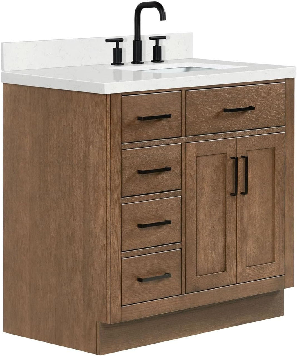 ARIEL Hepburn 36-inch Bathroom Vanity with Sink,Solid Wood, 1.5-inch Carrara White Quartz Countertop, Single Rectangular Porcelain Sink, 2 Soft Closing Doors, 5 Dovetail Drawers, Brown Oak