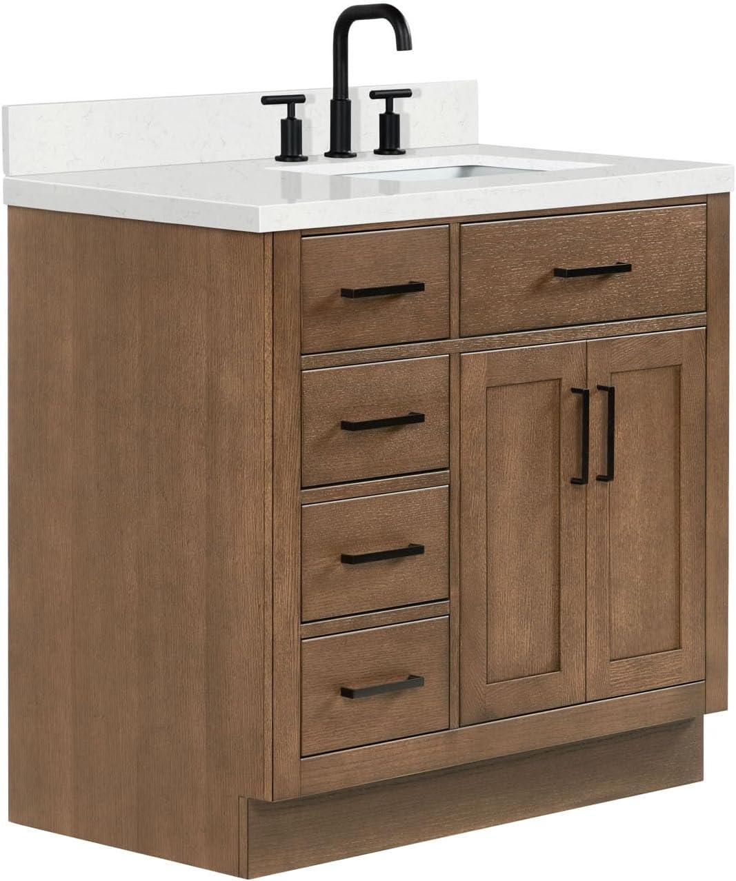 ARIEL Hepburn 36-inch Bathroom Vanity with Sink,Solid Wood, 1.5-inch Carrara White Quartz Countertop, Single Rectangular Porcelain Sink, 2 Soft Closing Doors, 5 Dovetail Drawers, Brown Oak