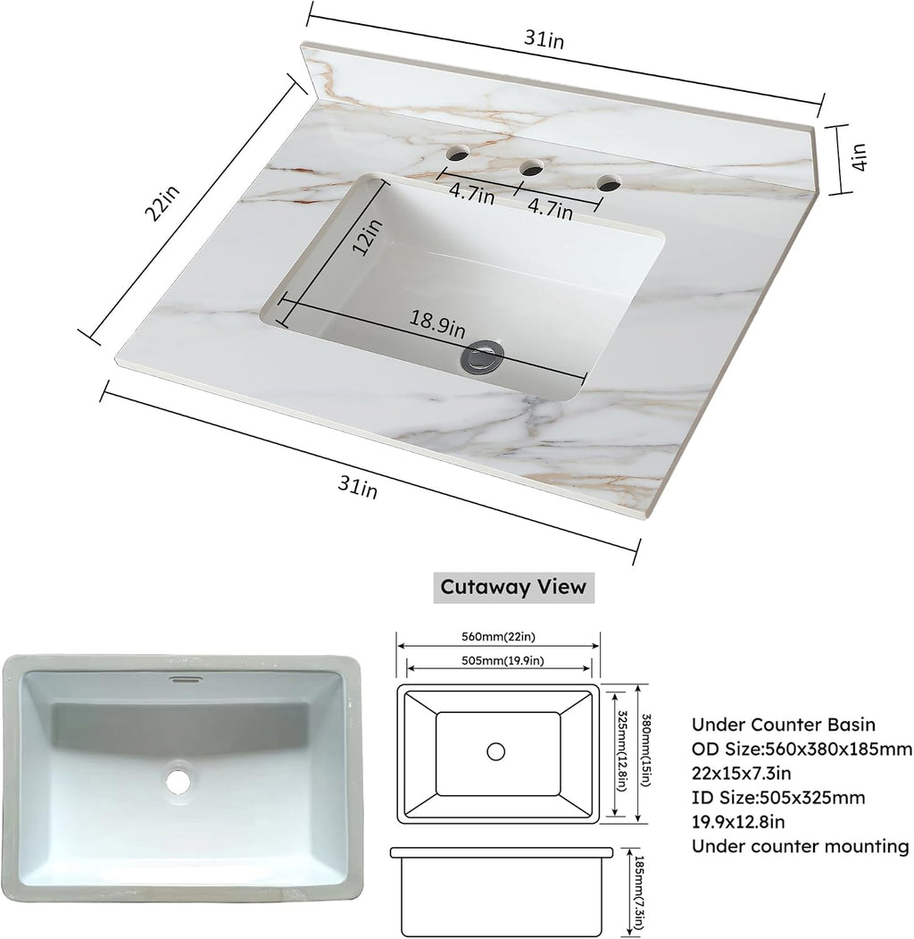 31' Bathroom Vanity Top with Ceramic Undermount Sink & Backsplash,Calacatta Gold Sintered Stone Counter Top, 3 Holes Vanity Sink Top