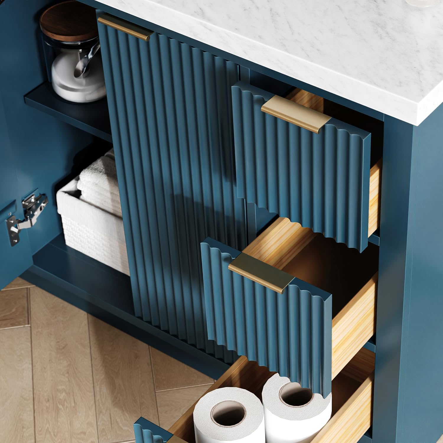 ARIEL Milan 48-inch Bathroom Vanity with Sink,Solid Wood, 1.5-inch Italian Carrara Marble Countertop, Single Rectangular Porcelain Sink, Soft Closing Doors, Dovetail Drawers, Vintage Blue