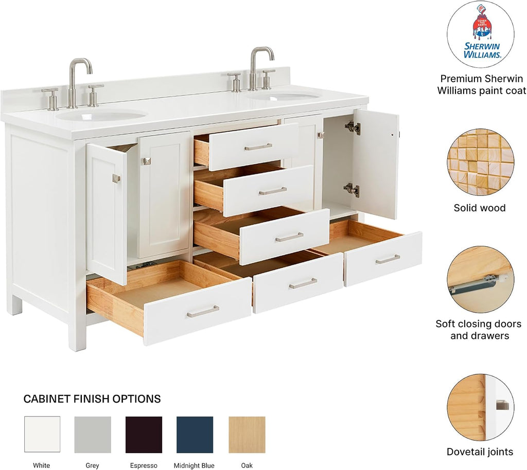 DKB Beckford 66-Inch White Double Bathroom Vanity with 1.5-Inch Pure White Quartz Countertop & Backsplash, Oval Sinks, 4 Soft Closing Doors, 6 Full Extension Dovetail Drawers, Brushed Nickel