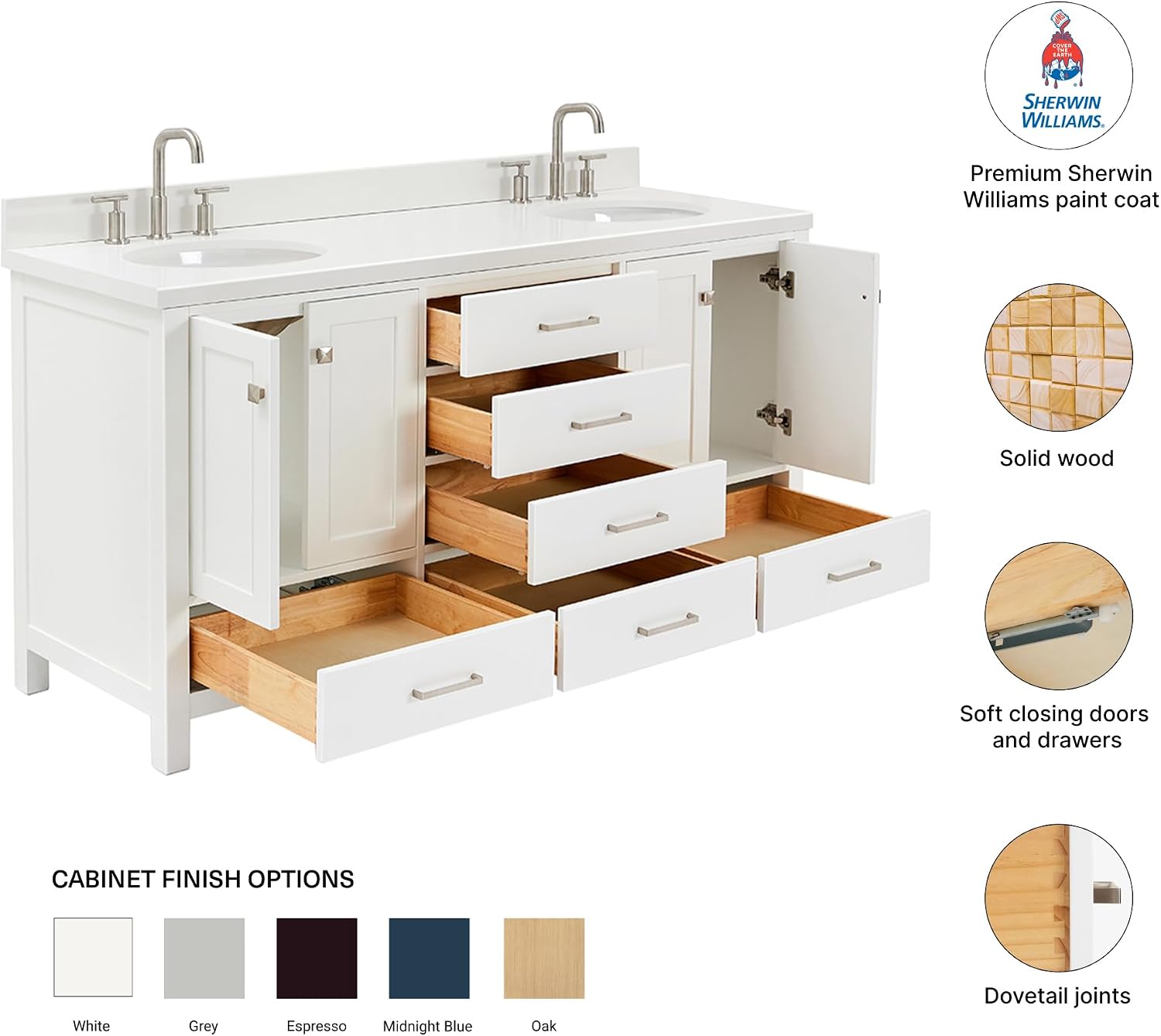 DKB Beckford 66-Inch White Double Bathroom Vanity with 1.5-Inch Pure White Quartz Countertop & Backsplash, Oval Sinks, 4 Soft Closing Doors, 6 Full Extension Dovetail Drawers, Brushed Nickel