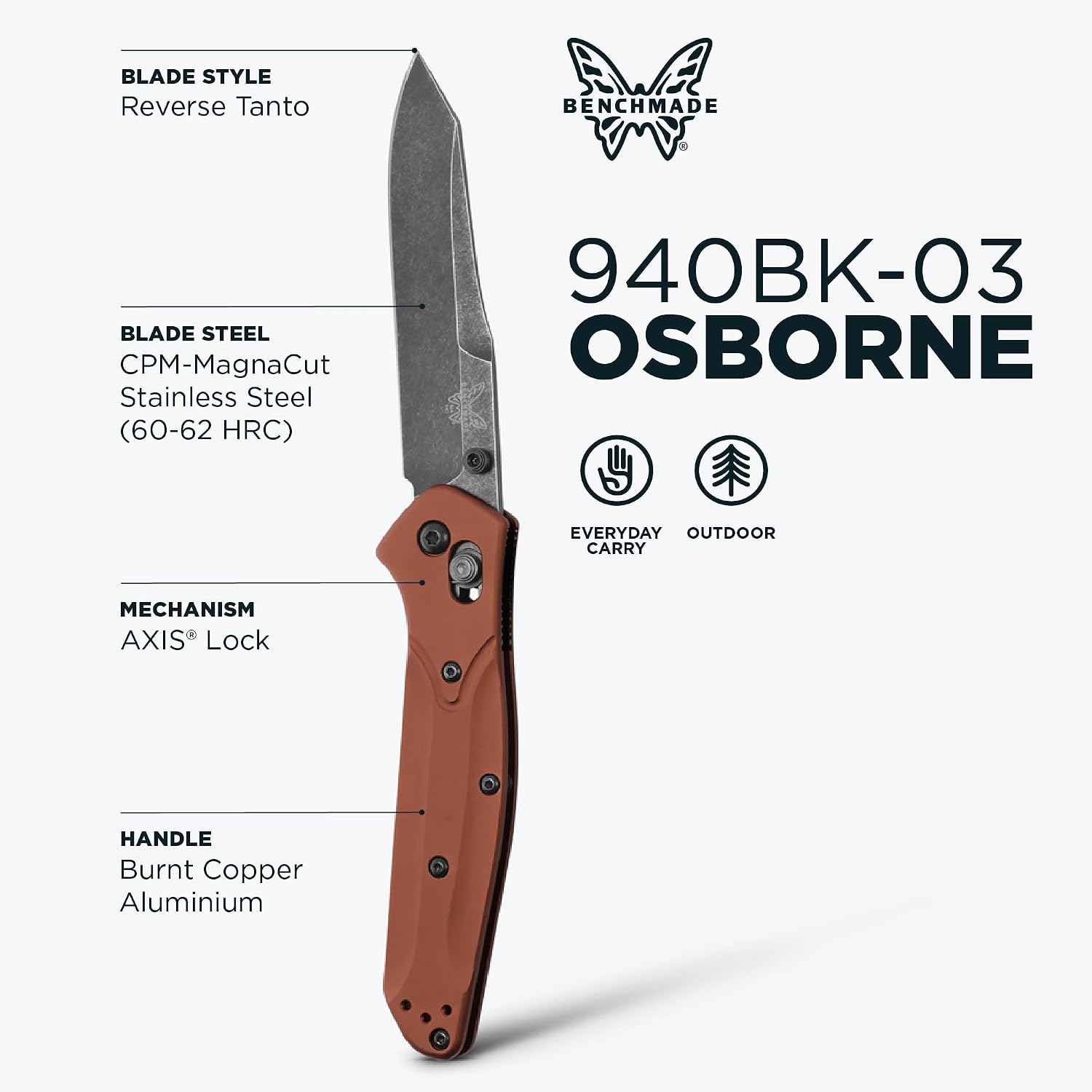 Benchmade - Osborne, Every Day, Outdoor, Folding Knife, Reverse Tanto Blade with Burnt Copper Aluminum Handle (940BK-03)