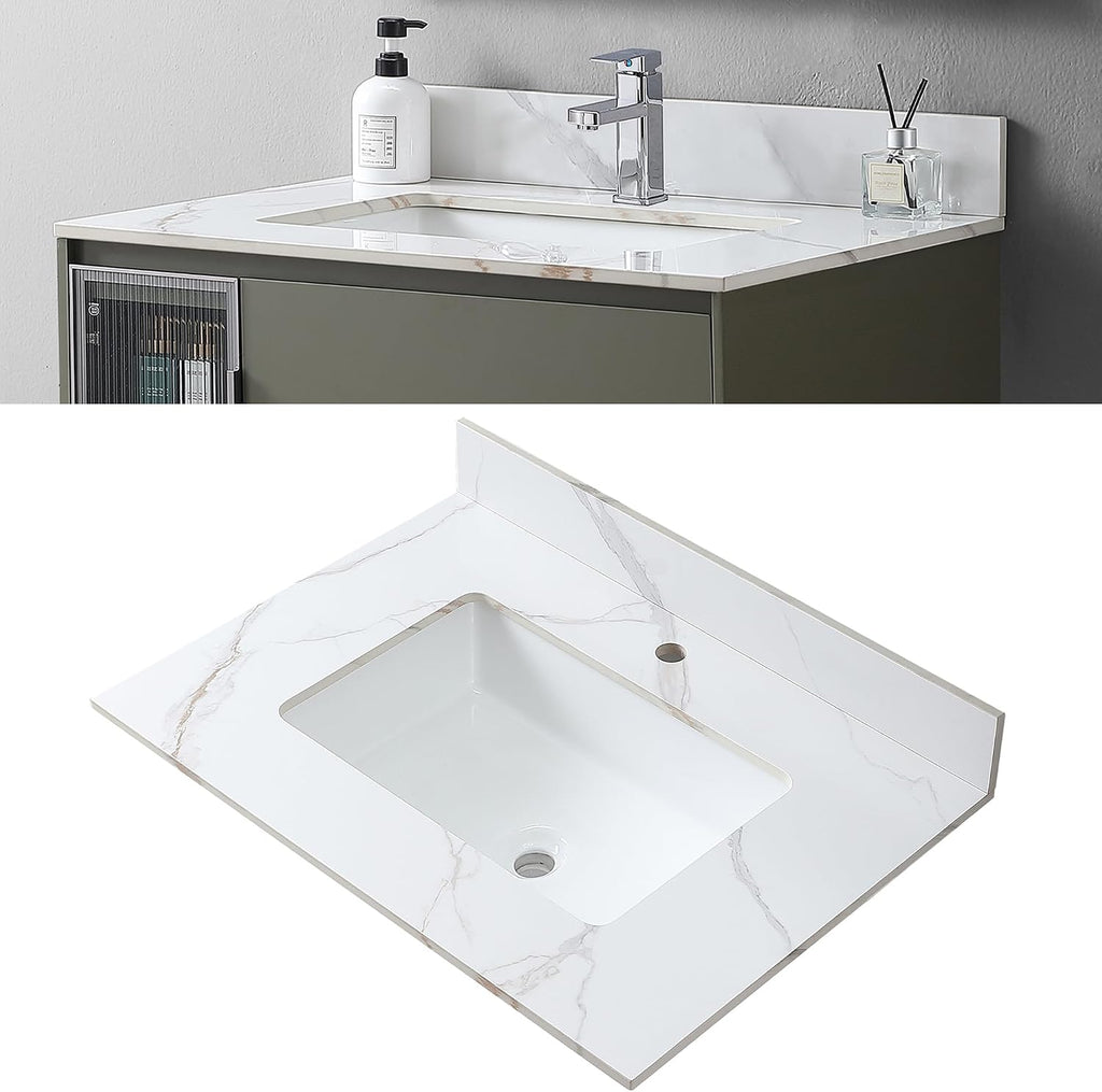 31 x 22 Inch Bathroom Vanity Top, Sintered Stone Top with Ceramic Sink, Single Hole Vanity Top With Undermount Rectangular Sink and 1 Backsplash (Carrara Gold, 1 Hole)
