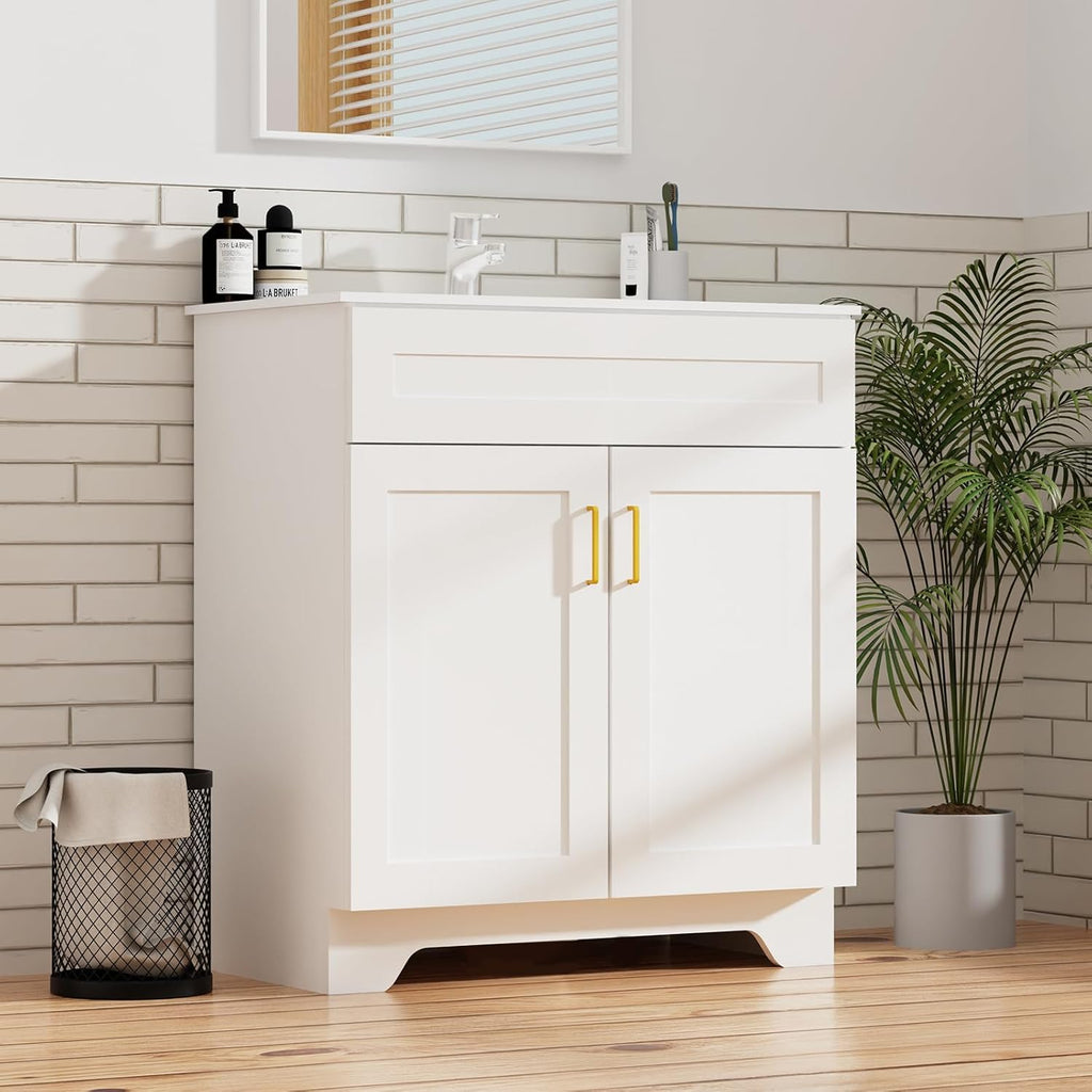 30 Inch Bathroom Vanity with Sink, Modern Bathroom Vanity with Ceramic Basin and Countertop, Easy Assembly (White)