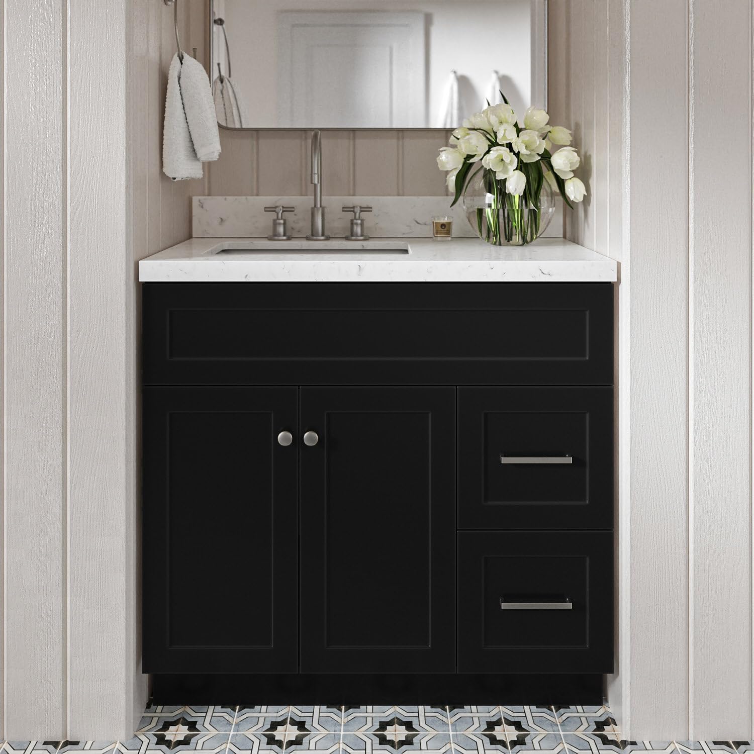 DKB Bradford 36-Inch Black Bathroom Vanity with Left Rectangular Sink, 1.5-Inch Carrara Quartz Countertop & Backsplash, 2 Soft-Closing Doors, 2 Dovetail Drawers, Toe Kick, Brushed Nickel Hardware