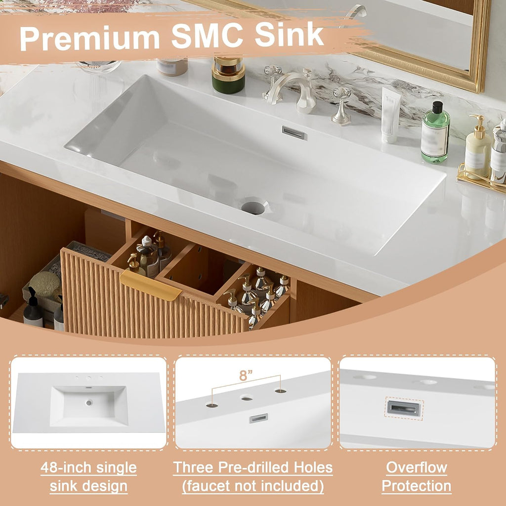 48'' Floating Bathroom Vanity with Sink, Painted Surface Wall Mounted Bathroom Vanity Cabinet, Soft Closing System, SMC Vanity Top, Natural