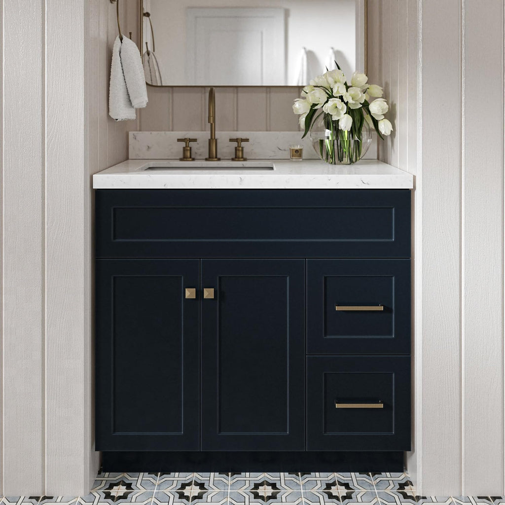 DKB Bradford 36' Midnight Blue Bathroom Vanity with Sink, 1.5' Edge Carrara Quartz Countertop, Rectangular Undermount Sink, 2 Soft-Closing Doors, 2 Dovetail Drawers