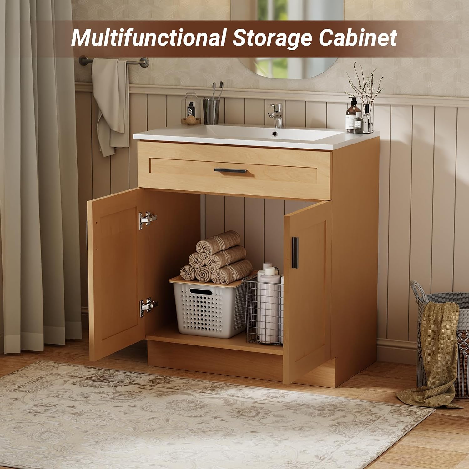 30 Inch Bathroom Vanity with Sink, Modern Storage Cabinet, Contains White Sink and Soft-Closing Door, Spacious Bathroom Storage Space (Nature with Sink, 30 Inch)