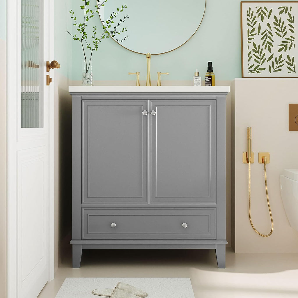 30' Bathroom Vanity Cabinet with Ceramic Sink Top Set, Multi-Functional Drawers and Storage Rack, Soft Closing Doors, Freestanding, Solid Wood Frame & MDF Board, Grey
