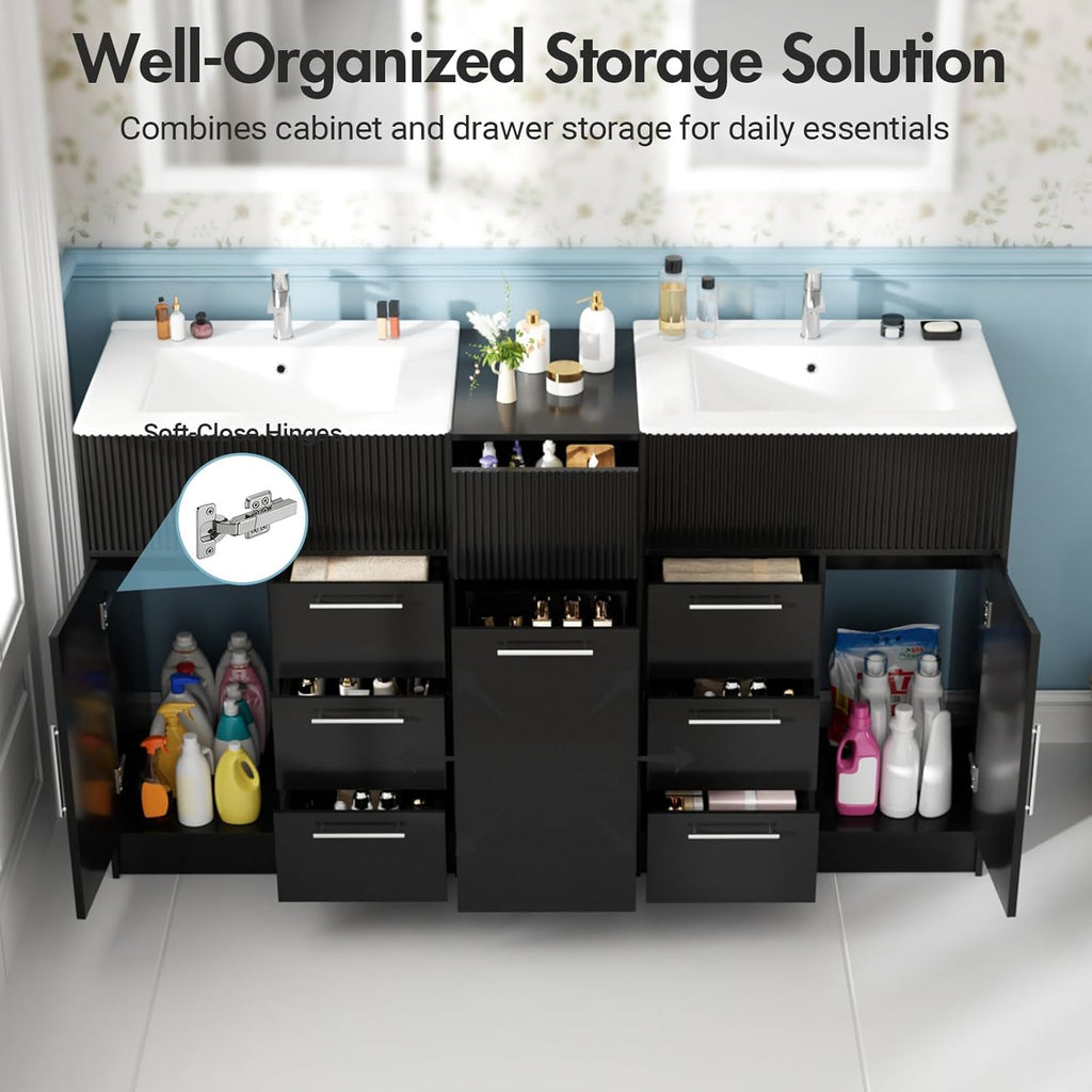 Kikihouse 60 Inch Bathroom Vanity with Double-Sink, Freestanding Modern Bathroom Vanity Cabinet with Ceramic Basin, Storage Organizer with 7 Drawers, for for Spacious Bathrooms (Black, 60 inch)