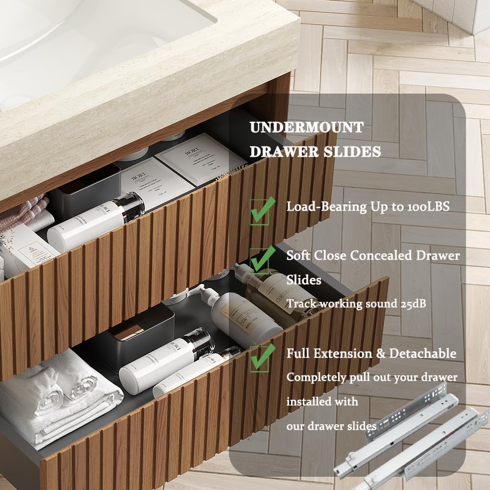 30' Bathroom Vanity with Sink, Modern Bathroom Floating Vanity with Travertine-Pattern Sintered Stone Top & Ceramic Undermount Basin, Pre-Assembled W/2 Drawers, Espresso