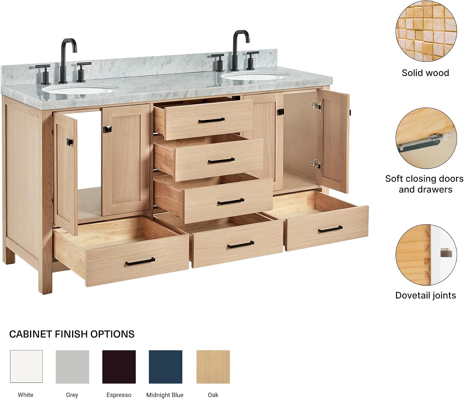 ARIEL Cambridge 66-inch Bathroom Vanity with Sink,Solid Wood, 1.5-inch Italian Carrara Marble Countertop, Double Oval Porcelain Sink, 4 Soft Closing Doors, 6 Dovetail Drawers, White Oak