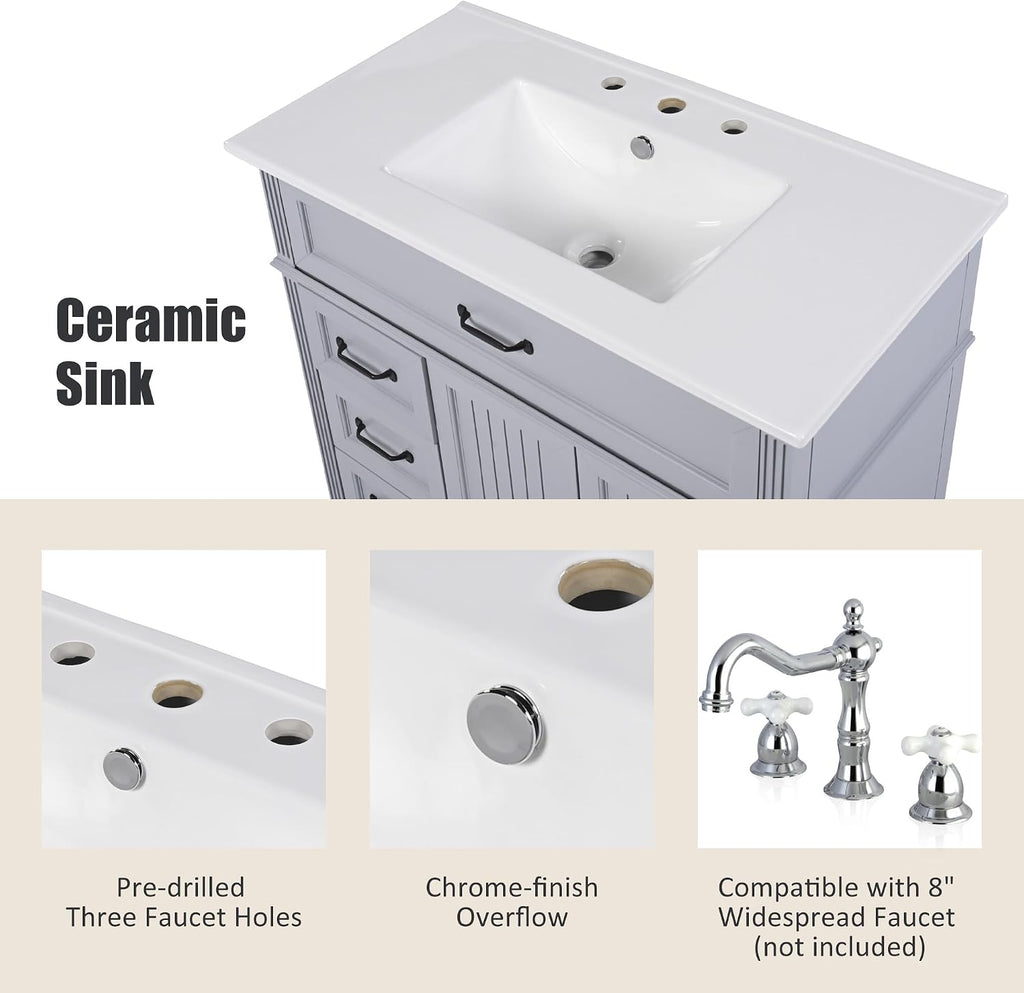 Harper & Bright Designs 36' Bathroom Vanity with Sink, Free Standing Single Basin Vanity Set with 2 Drawers & 2 Doors, Solid Wood Bathroom Cabinet with Ceramic Basin for Bathroom, Grey
