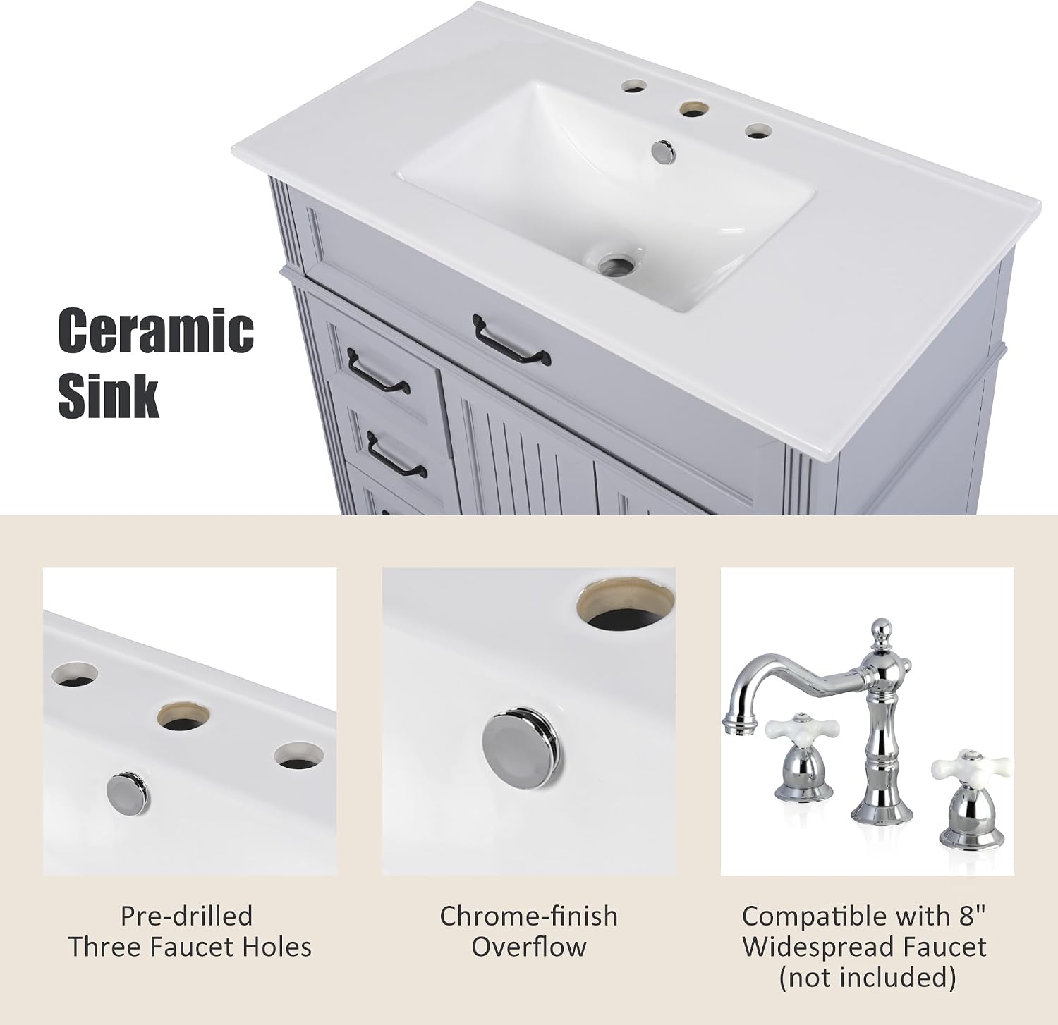 Harper & Bright Designs 36' Bathroom Vanity with Sink, Free Standing Single Basin Vanity Set with 2 Drawers & 2 Doors, Solid Wood Bathroom Cabinet with Ceramic Basin for Bathroom, Grey