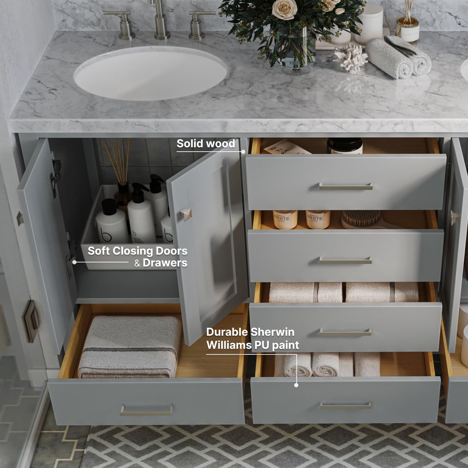 ARIEL Cambridge 66-inch Bathroom Vanity with Sink,Solid Wood, 1.5-inch Italian Carrara Marble Countertop & Backsplash, Double Oval Porcelain Sink, 4 Soft Closing Doors, 6 Dovetail Drawers, Grey
