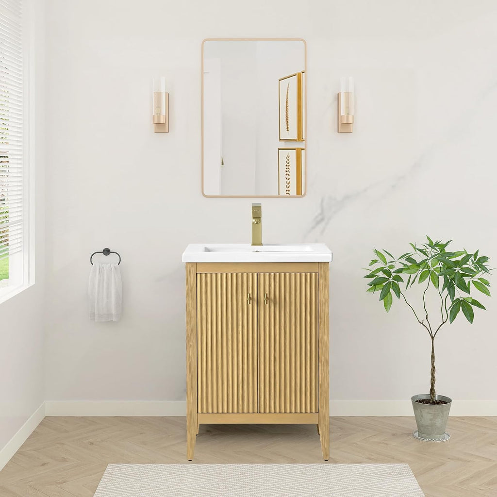 HOMEBEYOND 24' Bathroom Vanity with Ceramic Sink, Solid Wood Free-Standing Vanities Cabinet, Ceramic Top, Golden Brushed Handware & Soft Closing Door, Natural Oak
