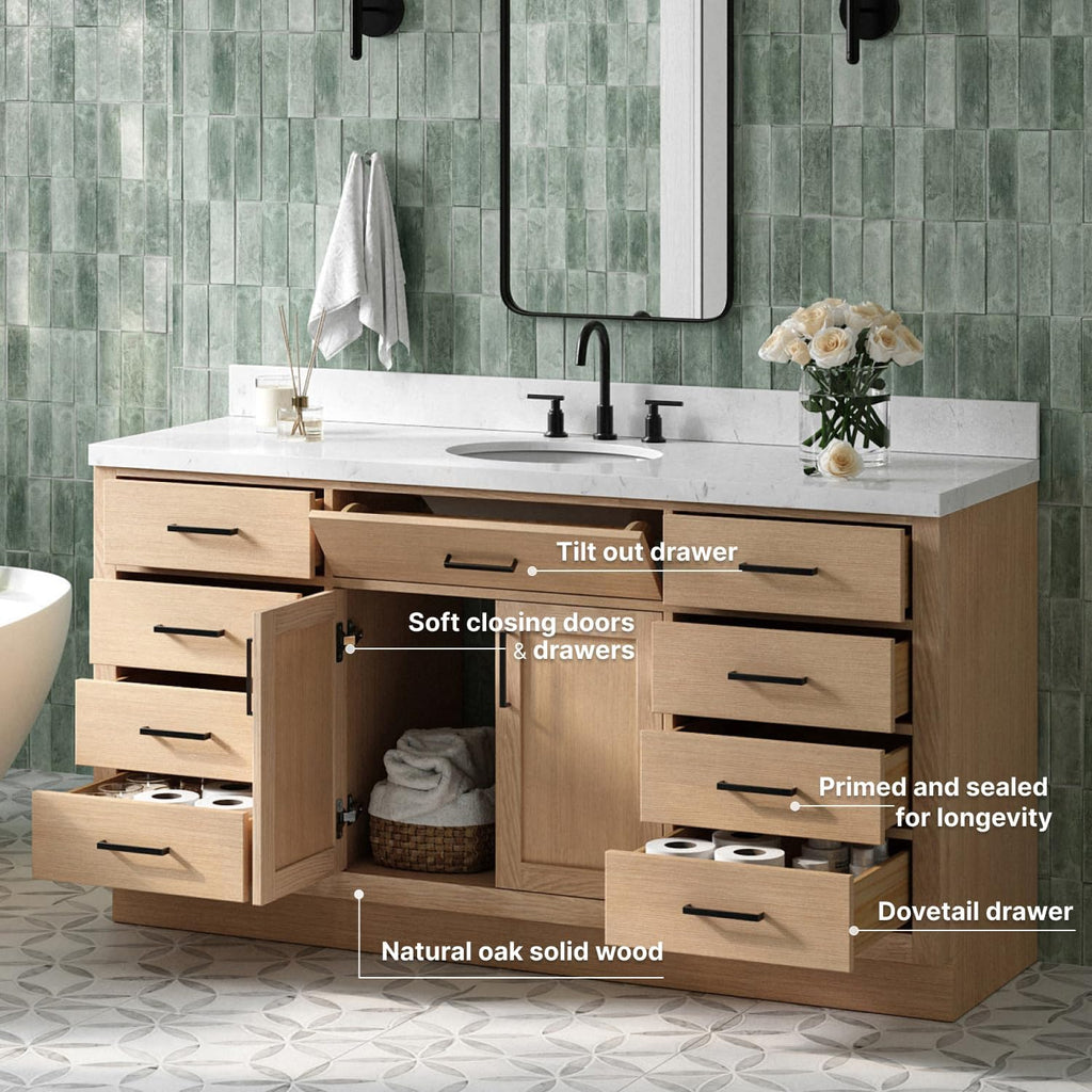 ARIEL Hepburn 66-inch Bathroom Vanity with Sink,Solid Wood, 1.5-inch Carrara White Quartz Countertop & Backsplash, Single Oval Porcelain Sink, 2 Soft Closing Doors, 9 Dovetail Drawers, White Oak