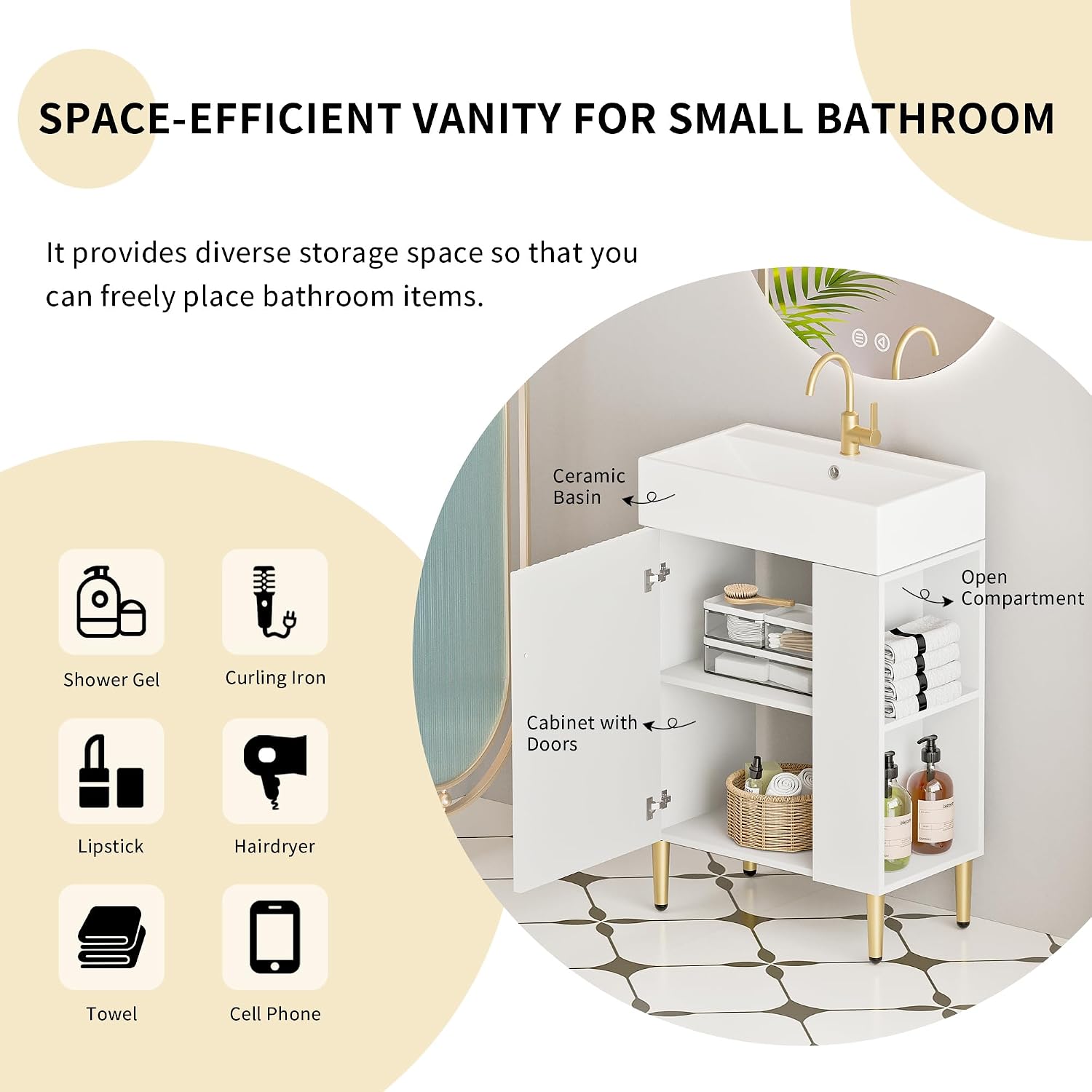 21.6 Inch Bathroom Vanity with Sink, Vanities with Square Ceramic Sink Top and Right Side Storage, Combo Stand Storage Cabinet Set for Small Bathroom (White)