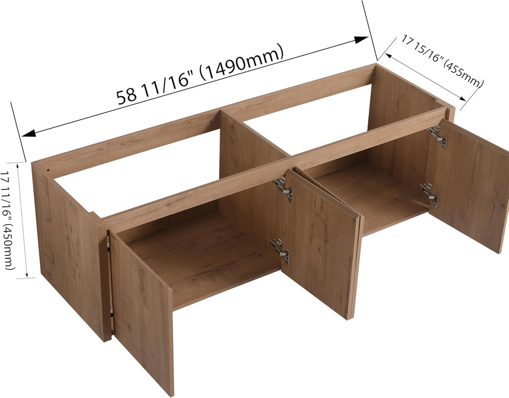 60' Floating Bathroom Vanity,60 Inch Bathroom Vanity Without Top Sink,Modern Floating Vanity Cabinet,Brown Wall Mounted Cabinet with Soft Closing Doors,Plywood(Sink Basin Not Included)