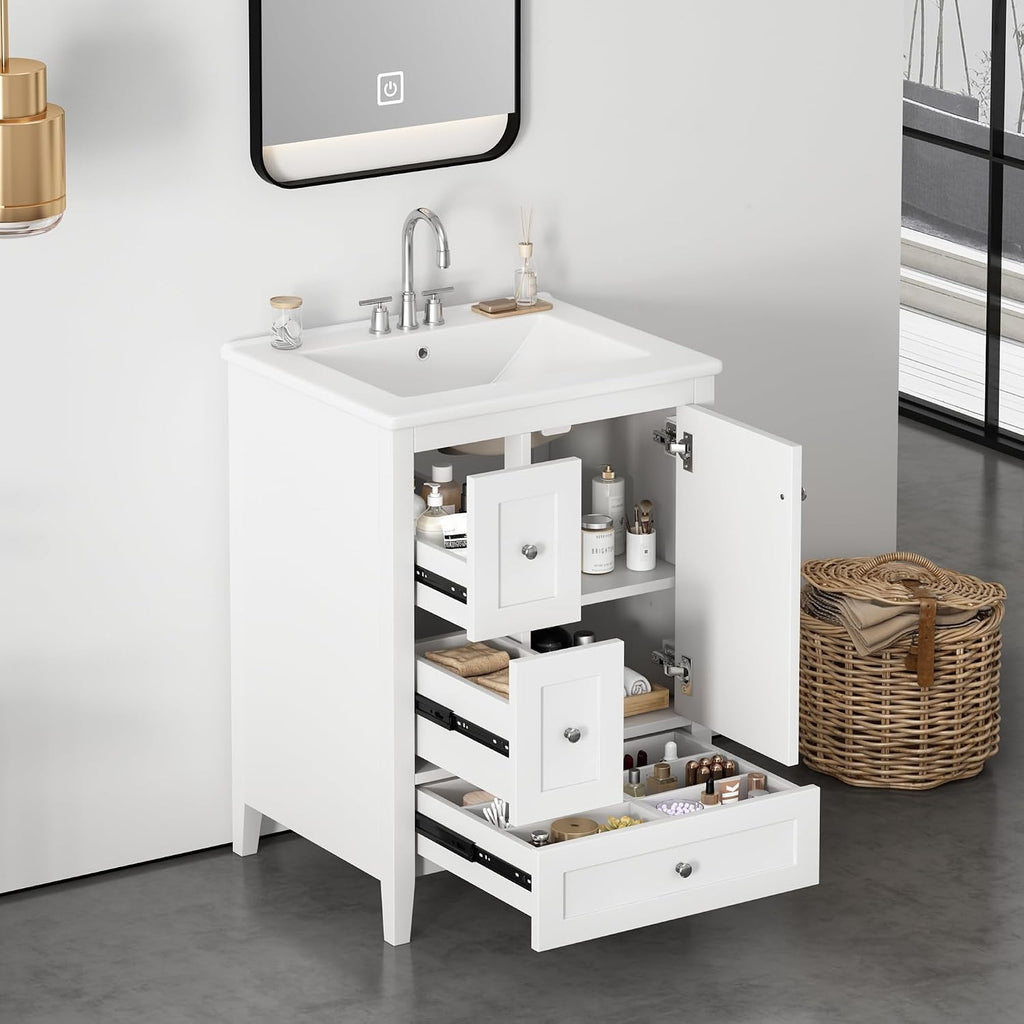 24' Bathroom Vanities with Undermount Ceramic Sink, Multi-Functional Storage Cabinet with Three Drawers and Adjustable Shelf, Soft-Closing Door, Solid Wood Legs, White