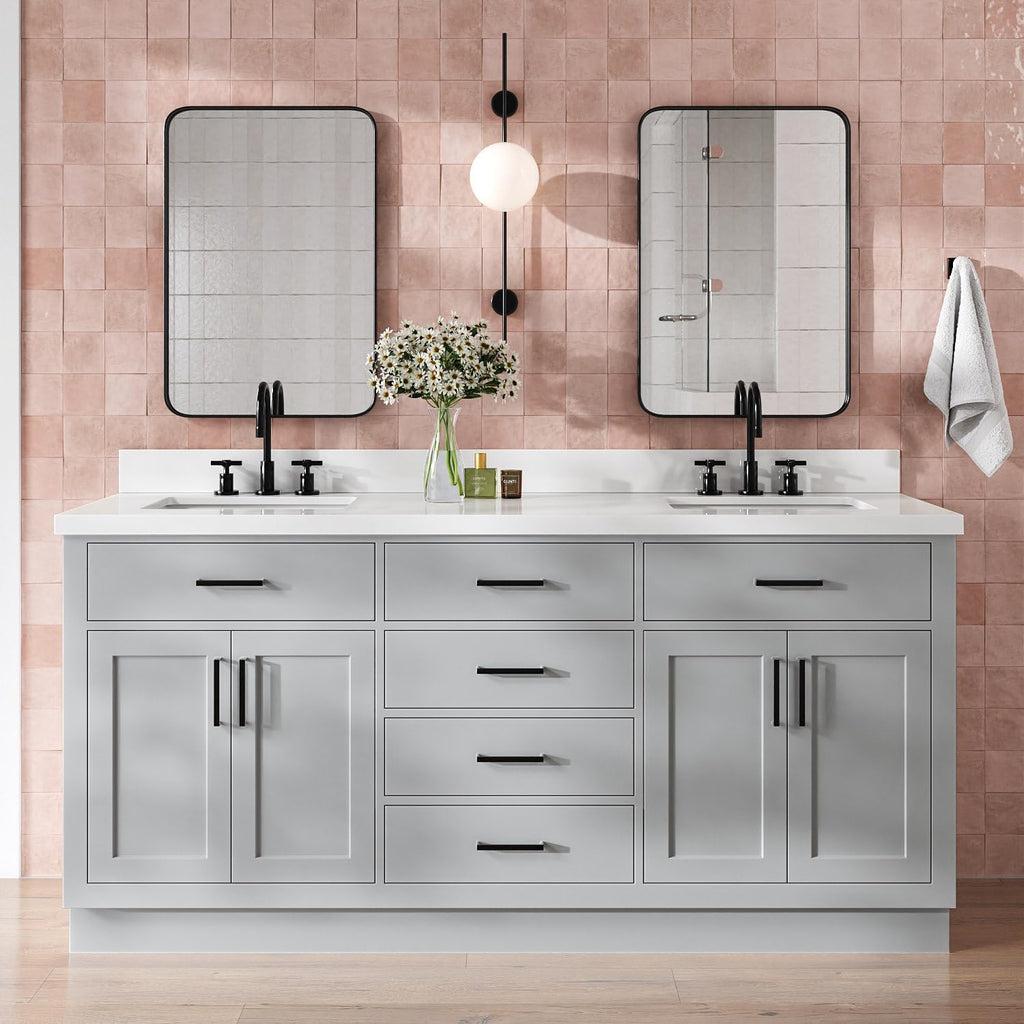DKB Isabella 72 Inch Bathroom Vanity Double Sink — Grey Bathroom Vanity with Sink, 1.5' Edge Pure White Quartz Countertop, 4 Soft-Close Doors, 4 Dovetail Drawers, and 2 Tilt Drawers