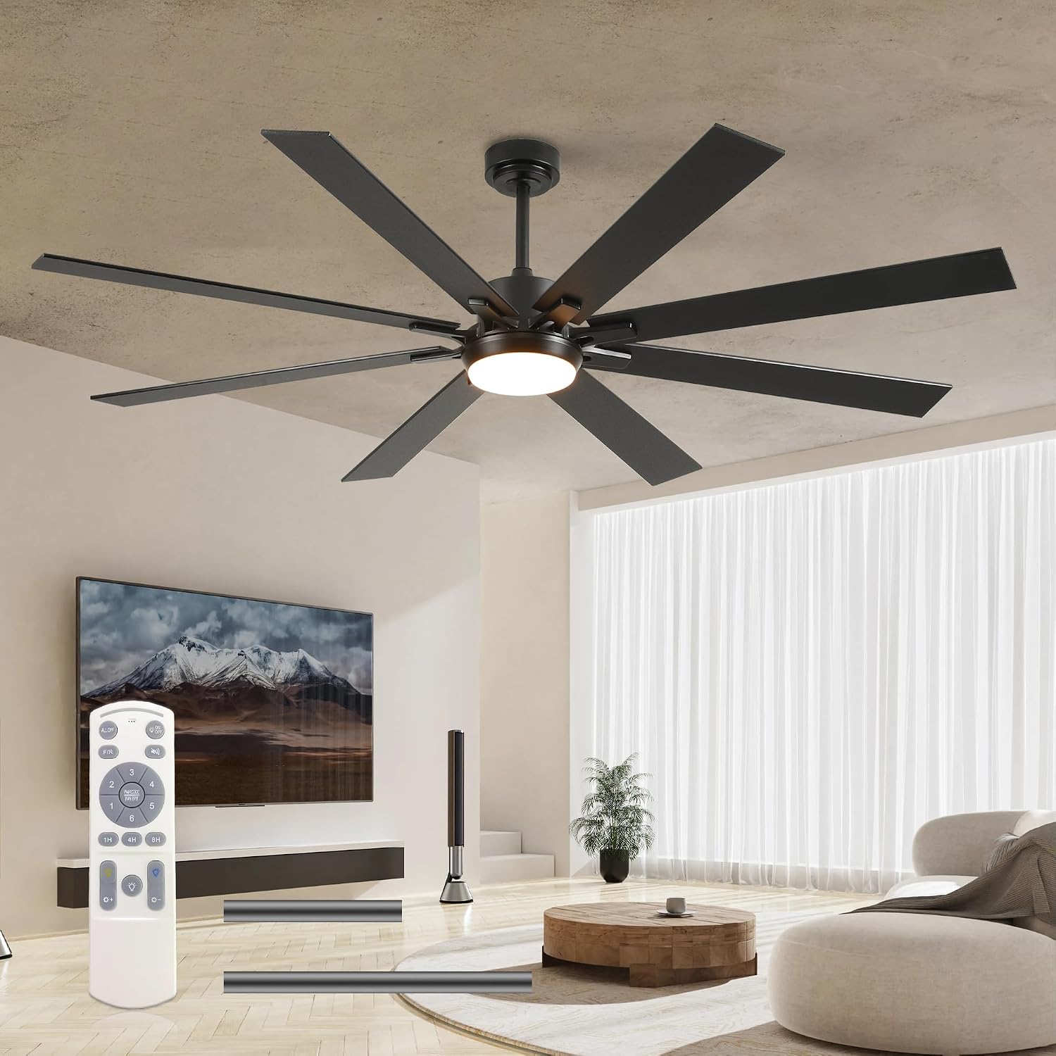72 Inch Large Size With Light Kit & Remote Control 8 PCS Blades Ceiling Fan 3 Color Dimmable Led Dc Motor Reversible 6 Speed Quiet Remote Control Ceiling Fan For Living Room Bedroom Indoor Matte Black