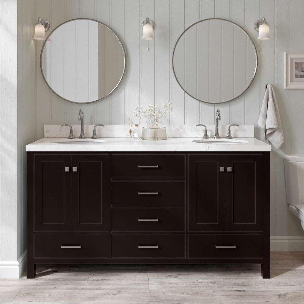 ARIEL Cambridge 66-inch Bathroom Vanity with Sink,Solid Wood, 1.5-inch Carrara White Quartz Countertop & Backsplash, Double Oval Porcelain Sink, 4 Soft Closing Doors, 6 Dovetail Drawers, Espresso