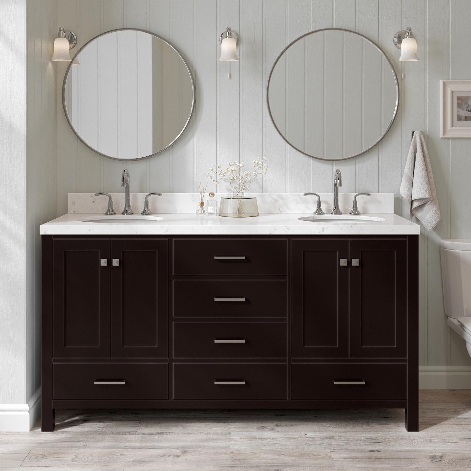 ARIEL Cambridge 66-inch Bathroom Vanity with Sink,Solid Wood, 1.5-inch Carrara White Quartz Countertop & Backsplash, Double Oval Porcelain Sink, 4 Soft Closing Doors, 6 Dovetail Drawers, Espresso