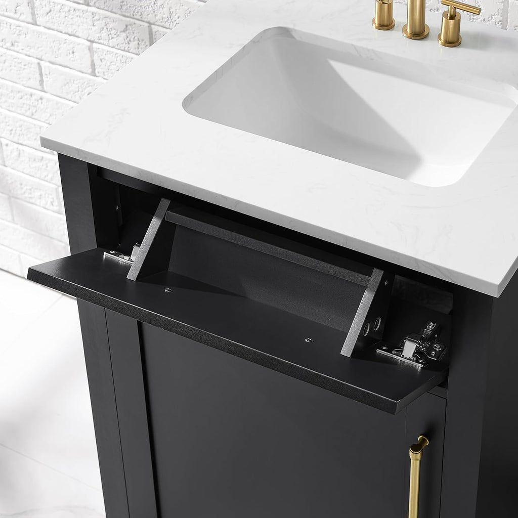 Clara Black 24-Inch Single Bathroom Vanity with Sink, Wood Single Shaker Door Cabinet with Adjustable Shelf, Nickel and Gold Handles, Pre-Drilled Marbled White Stone Top, Freestanding, Fully Assembled