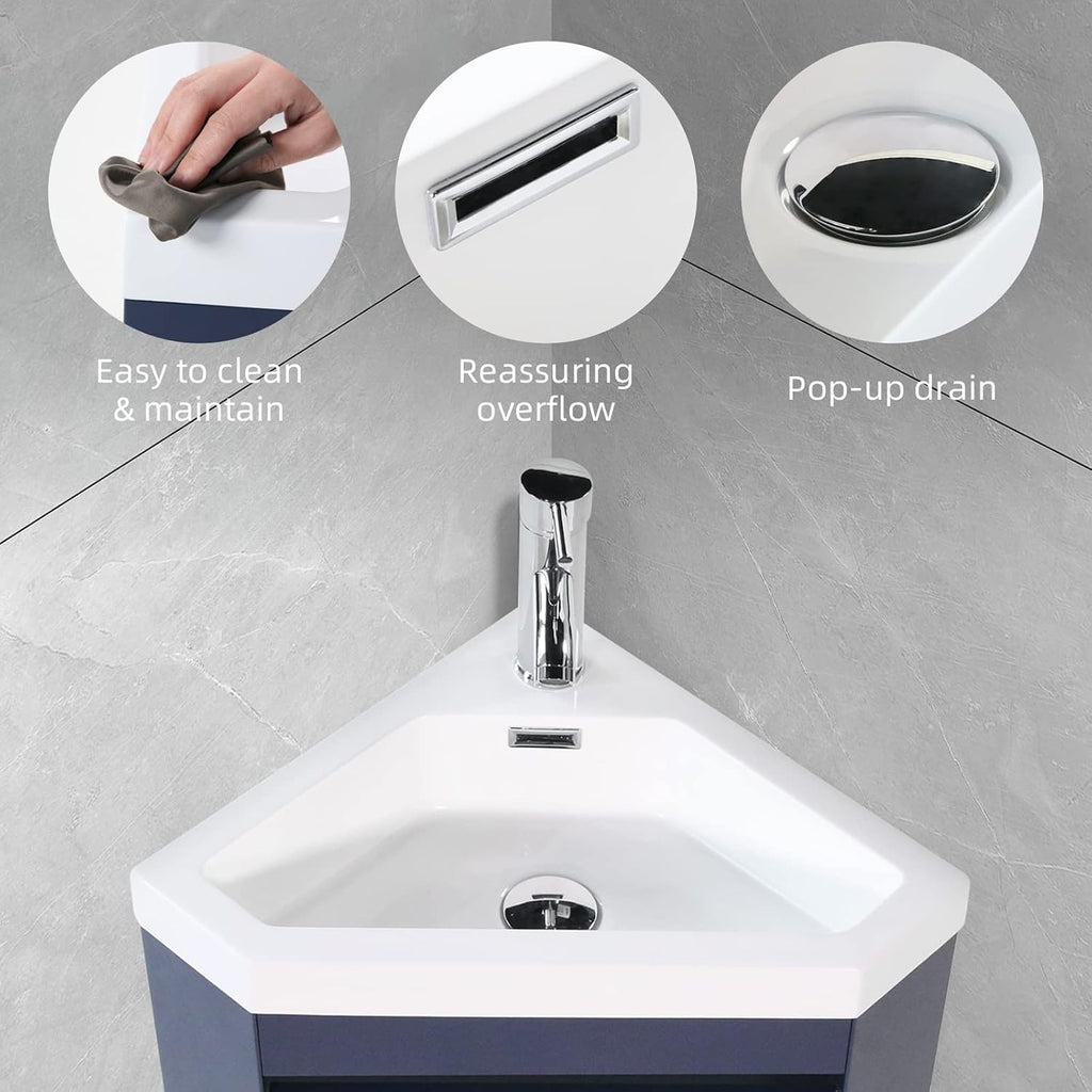 wonline 22' Corner Bathroom Vanity Sink Combo for Small Space Wall Mounted Cabinet Set Design Navy Resin Basin Sink Top Chrome Faucet and Drain