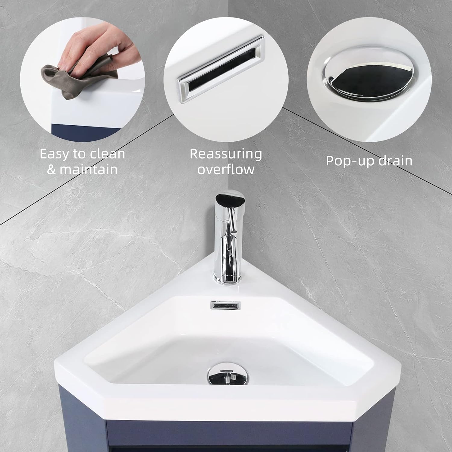 wonline 22' Corner Bathroom Vanity Sink Combo for Small Space Wall Mounted Cabinet Set Design Navy Resin Basin Sink Top Chrome Faucet and Drain